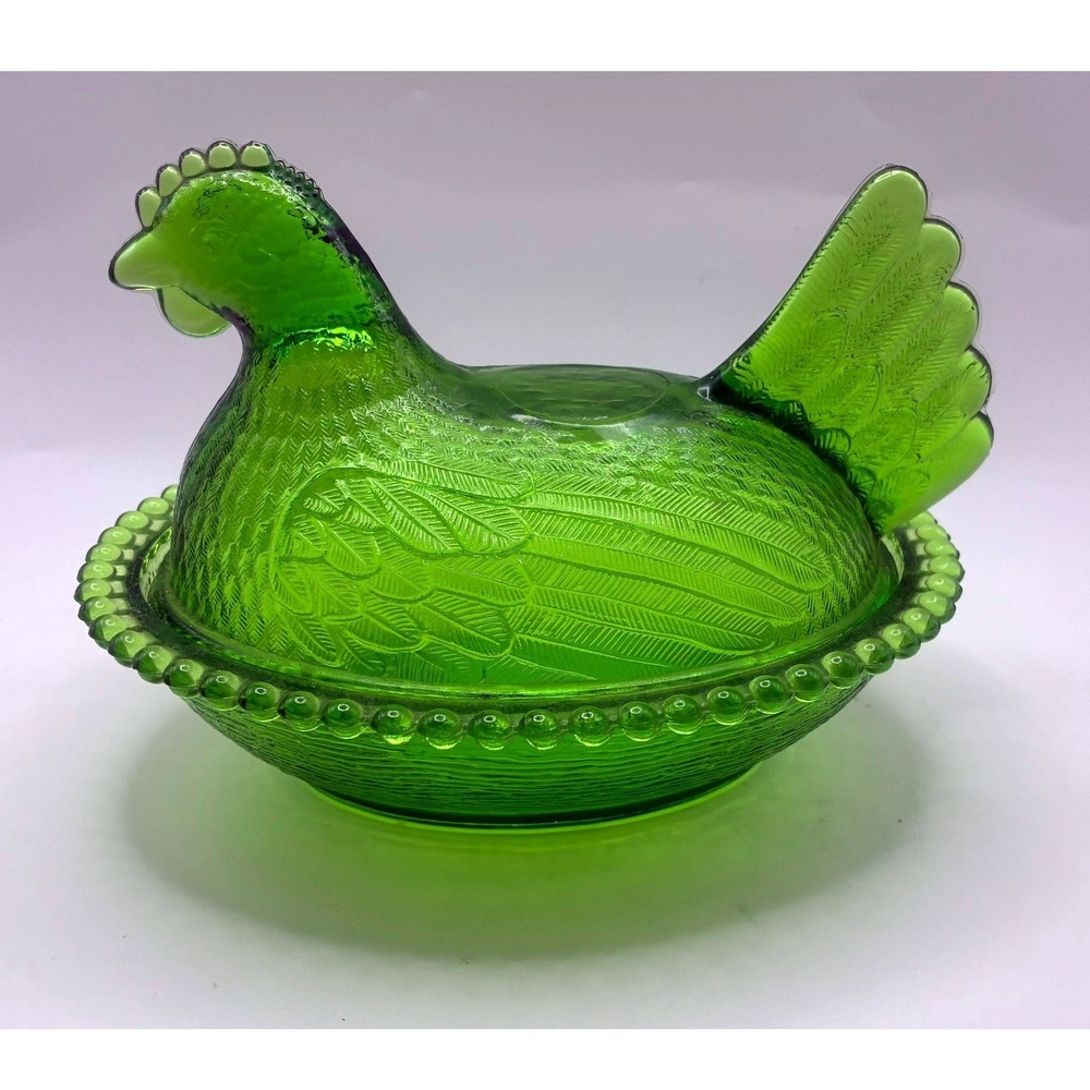 VTG Indiana Green Glass Hen on Nest Covered Dish Oval Beaded Base 7"